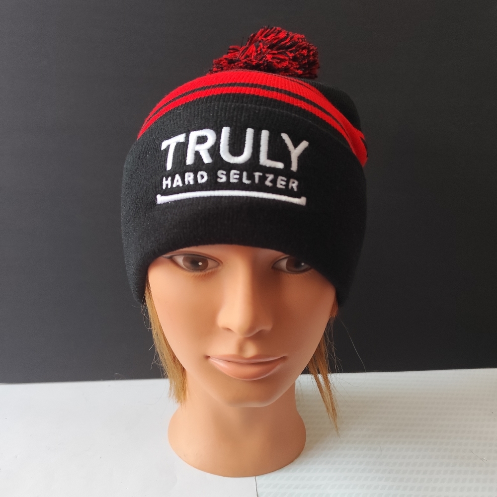 3/$25💙Truly Beanie Hard Seltzer Drink Knit Winter Hat Pom Pom Black and Red